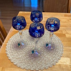 Crystal Bohemian Cut Blue Wine Goblets